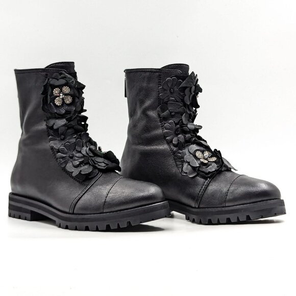 Jimmy Choo Wmn Havana Floral Black Leather Back Zip Combat Boots 7.5 EUR 37.5 - Picture 1 of 9